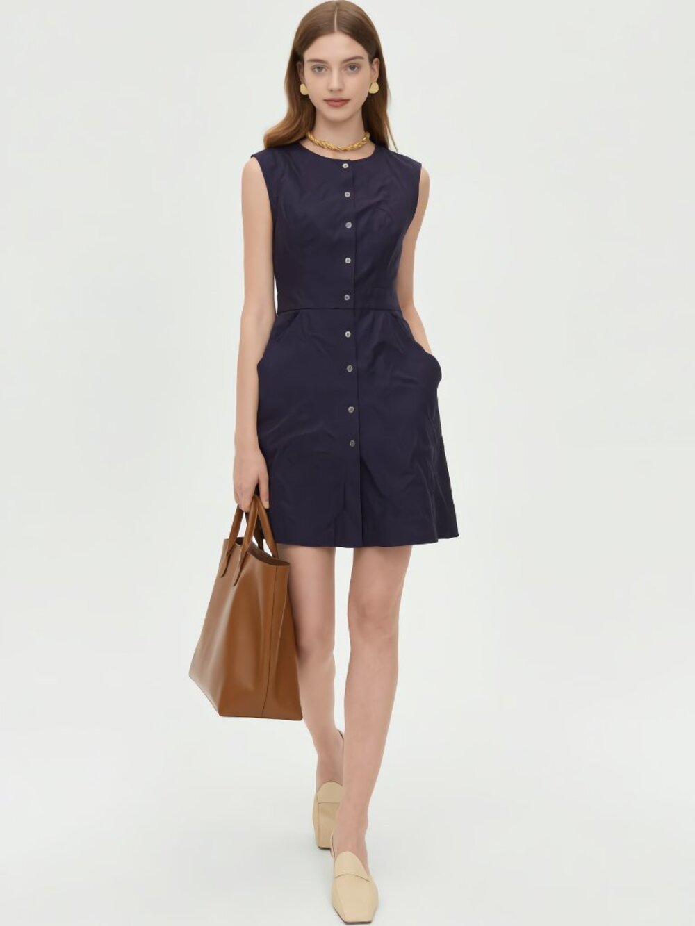 Theory Jalia Navy Button Front Sleeveless A-Line Dress 0 Stretch Cotton Pockets